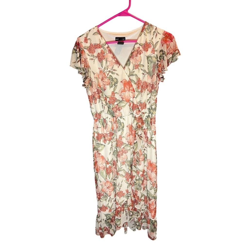 Kate and Lily Floral Mesh Flutter Sleeve Faux Wrap Dress Size 6 Orange Cream